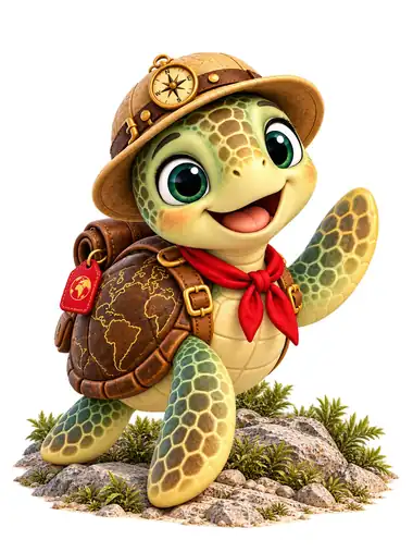 Mapi, la tortuga viajera de Mundo Traveler, con sombrero de exploradora y pañuelo rojo